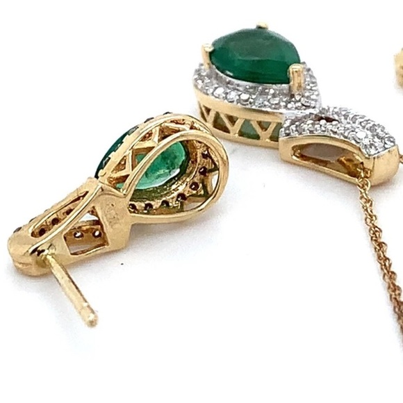 Stunning 10K YG Emerald & Diamond Earrings & Matching Pendant Necklace Set 18” - Picture 6 of 11